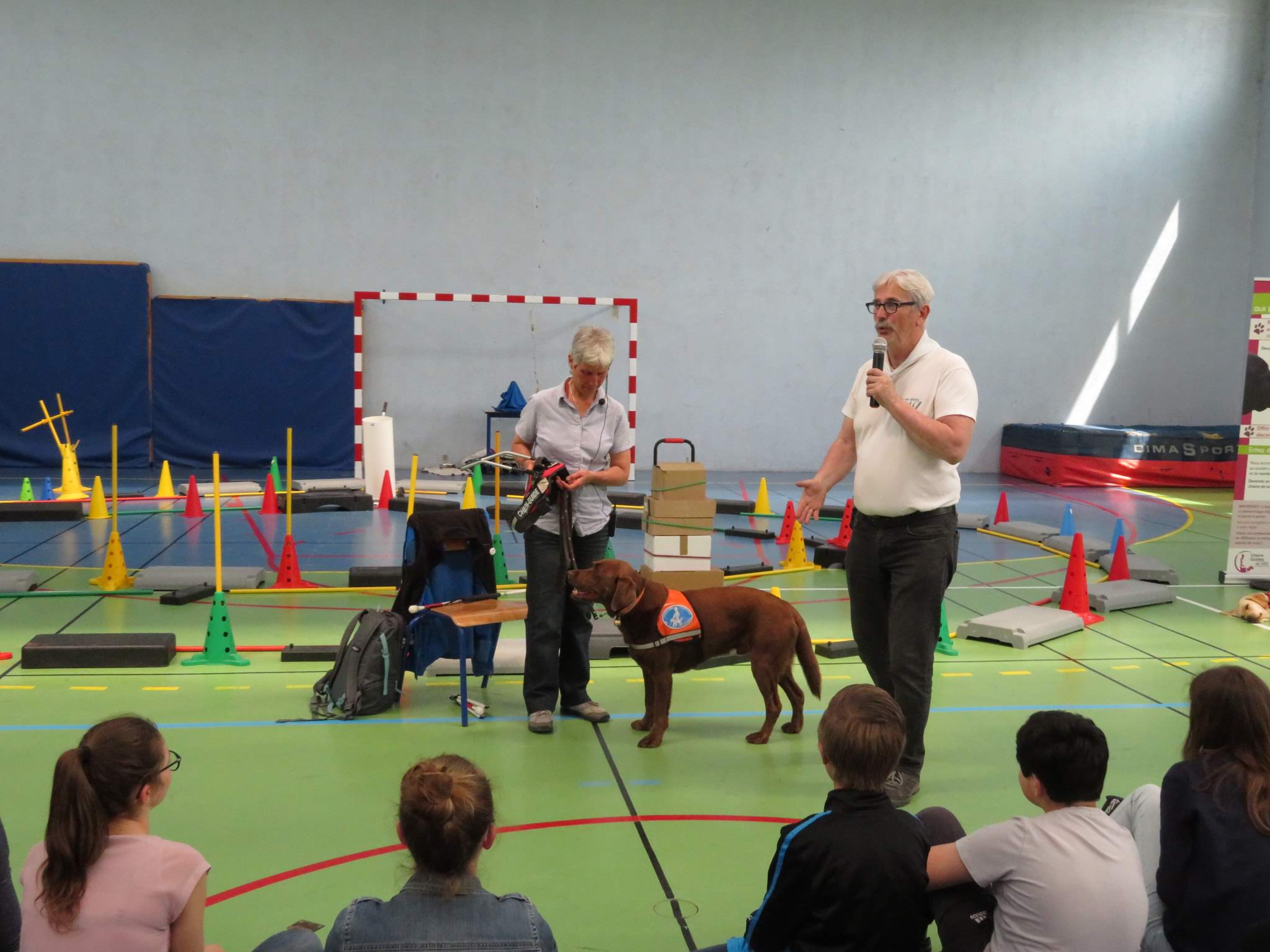 Présentation sur chien guide à des enfants dans un gymnase